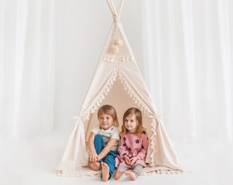 Square Kids Play Tent by Minicamp with Tassel Decor & Extra Poles For Stability!
