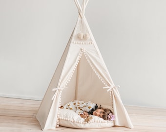 MINICAMP Kids Tent Indoor Extra Stable Play Tent Teepee - Natural Canvas - PomPom Decorations!