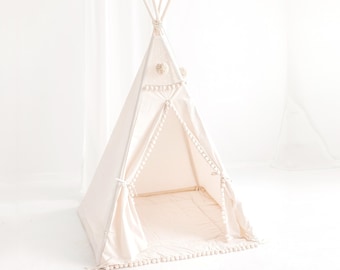 Natural canvas kids teepee by MINICAMP ~ boho pom pom tipi tent ~ square playhouse tent