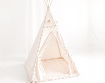 Natural canvas kids teepee by minicampLT ~ boho pom pom tipi tent ~ square playhouse tent