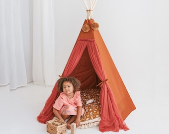 Orange Kids Play Tent, Teepee For KIds, Kids Tipi Tent, Indoor Teepee, Play Tent For Toddlers, Children Teepee, Kids Room Accents, Furniture