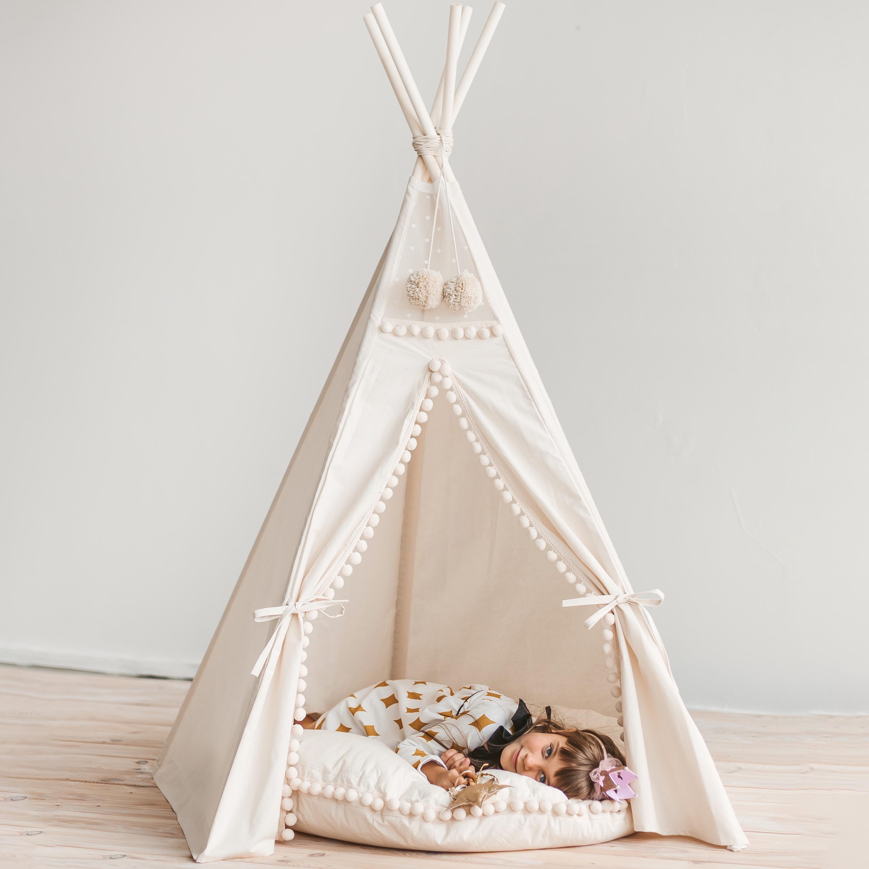Tente tipi pour enfants | Cabane tipi en coton avec tapis et oreillers