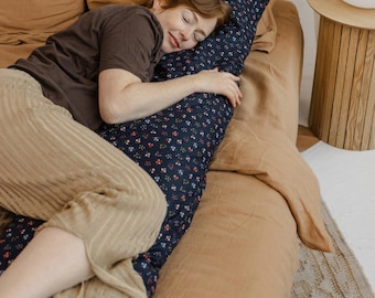 Large Pregnancy Pillow For Side Sleeper And Lumbar Body Support ~ Long Maternity Pillow with Navy Blue Organic Cover ~ New Mom Gift For Her