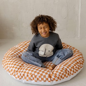 Kids Floor Cushion Cover, Off White And Orange Pillow, Check Pillow Cover, Large Round Floor Pillow, Playroom Cushion, Nursery Room Decor