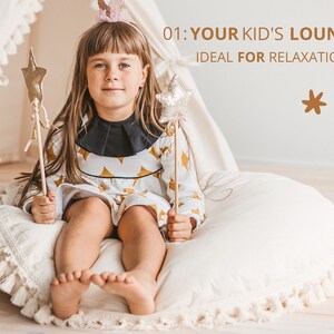 May include: A young girl sits on a white, round, fringed cushion with a star-shaped wand in each hand. The cushion is on a wooden floor. The text "01: YOUR KID'S LOUNGER IDEAL FOR RELAXATION" is displayed above the girl.