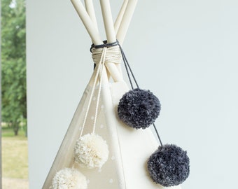 Graphite & Light Grey (Silver) Pom-Pom Balls for Teepee or Room Décor