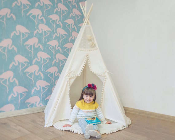 MINICAMP Kids Teepee Organic Wooden Poles Includes Pom Pom Decoration! Teepee Tent for Kids: Original Design and Extra Stable Children Teepee Handmade from Natural Canvas MINICAMP Kids Teepee Organic Wooden Poles Includes Pom Pom Decoration! Teepee Tent for Kids: Original Design and Extra Stable Children Teepee Handmade from Natural Canvas