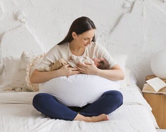 White pregnancy and baby feeding pillow with organic cover ~ C shape maternity pillow with natural kapok filling available