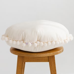 Boho Pom Pom Pillow, Round Throw Pillow, Teepee Cushion, Cotton Pillow, Corner Pillow, Decorative Pillow, Handmade Cushion For Kids Nursery image 1