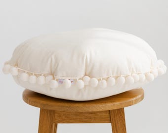 Boho Pom Pom Pillow, Round Throw Pillow, Teepee Cushion, Cotton Pillow, Corner Pillow, Decorative Pillow, Handmade Cushion For Kids Nursery