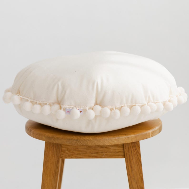 Boho Pom Pom Pillow, Round Throw Pillow, Teepee Cushion, Cotton Pillow, Corner Pillow, Decorative Pillow, Handmade Cushion For Kids Nursery image 1
