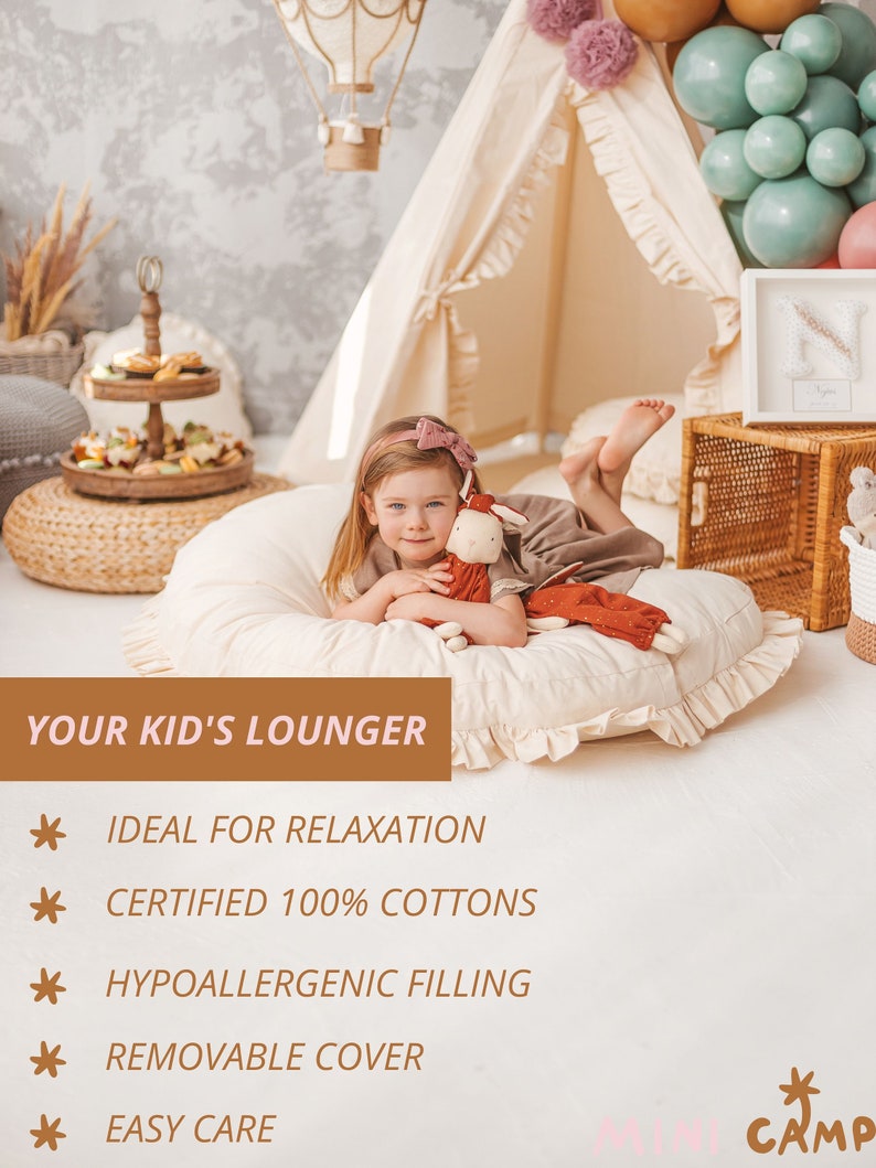 May include: A white and beige children's lounger with a ruffled edge. A young girl is sitting on the lounger with a stuffed animal. The lounger is ideal for relaxation and features a removable cover and hypoallergenic filling.