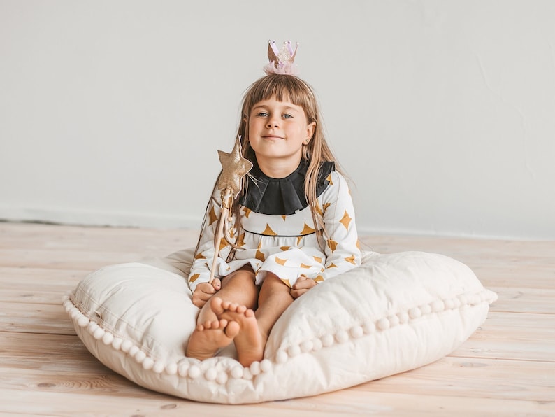 Large Floor Pillow for Kids Bedroom with Pom Poms Decor: Round Floor Cushion, Floor Seating Pillow