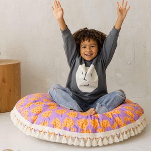 Kids Floor Cushion, Large Round Pillow With Tassels, Floor Pouf For Toddlers, Violet Tulip Playroom Decor, Montessori Seating,Kids Room Gift
