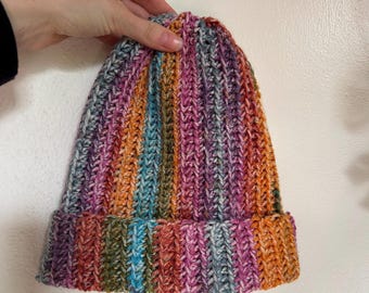 Hand Crocheted Multicolored Striped Beanie: Acrylic Yarn