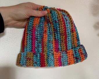 Hand Crocheted Multicolored Striped Beanie