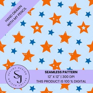 Può includere: Un motivo digitale senza cuciture con stelle arancioni e blu scuro su sfondo azzurro. Il testo recita: HAND DRAWN WITH MY PENCIL, SKYJOY DESIGN, SEAMLESS PATTERN, 30,48 cm X 30,48 cm | 300 DPI, THIS PRODUCT IS 100% DIGITAL. Le stelle variano.