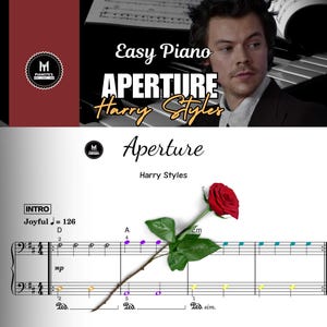 May include: Sheet music for "Aperture" by Harry Styles. The cover features a red rose and musical notes. The title is in large, stylized font. The image includes the text "Easy Piano" and the Pianotes logo.