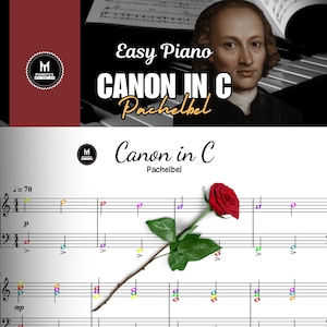Può includere: Spartito di "Canone in re" di Pachelbel, con una rosa rossa e foglie verdi. Le note musicali sono codificate a colori. L'immagine include il testo "Easy Piano" e il logo "PIANOTES".