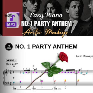 May include: Sheet music for "No. 1 Party Anthem" by Arctic Monkeys. The image features a red rose, musical notes, and the band's name. The text "Easy Piano" and "With MP3" are also visible, suggesting a piano arrangement.