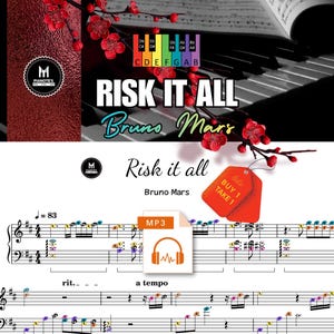 Pode incluir: Partitura de Risk It All de Bruno Mars com um guia colorido de teclas de piano, detalhes florais vermelhos e um ícone MP3 digital. A partitura inclui notação musical com etiquetas de notas coloridas, um tempo de 83 e duas etiquetas de venda.