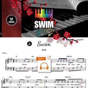 May include: Sheet music for the song Swim by BTS, featuring piano notation, chord symbols, and lyrics. The document includes an MP3 icon, a colorful piano key diagram, and a decorative branch with red blossoms over a piano keyboard background.