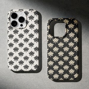 Minimal Black and White/Beige Lotus Pattern Phone Case | Customization Available! | Asian Lotus Flower Beautiful and Minimalistic