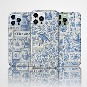 Juego de fundas de cerámica con diseño floral azul de Delft, con estética de azulejos holandeses y adornos náuticos florales para iPhone 16, 15, 14, 13 Pro Max, Samsung y Pixel.