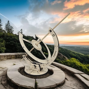 May include: A wooden sundial with a circular design, featuring a gnomon and a graduated arc. The sundial is mounted on a stone base, with the word "Sundial" inscribed on its side. The background shows a scenic view of a mountain range.