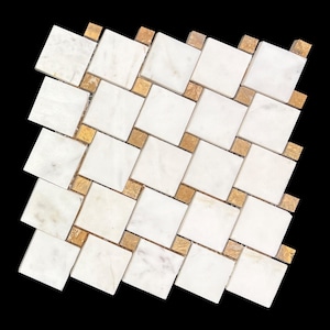 May include: A square mosaic tile sheet featuring a woven pattern of white marble squares and small gold-colored accent tiles. The tiles are arranged in a diagonal grid, creating a textured surface. The background is solid black.