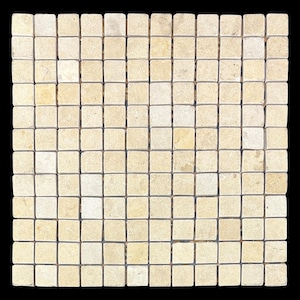 May include: A square mosaic tile sheet composed of numerous small, beige square tiles. The tiles are arranged in a grid pattern, with dark grout lines separating them. The tiles have a slightly textured appearance, and the overall effect is a neutral, earthy aesthetic.