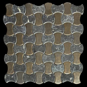May include: A mosaic tile sheet with a repeating pattern of interlocking shapes. The design features a combination of metallic bronze and gray marble-like elements. The tiles are arranged in a grid-like formation, creating a visually appealing texture.