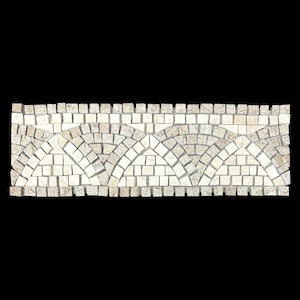May include: A rectangular mosaic tile border with a repeating pattern of arched designs. The mosaic is composed of small, square tiles in shades of beige and cream, creating a textured, decorative element. The border is suitable for various design applications.