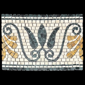 May include: A rectangular mosaic tile design featuring a central floral motif with stylized leaves in shades of green and gold. The background is a brick pattern in off-white, with a border of dark green and white tiles. The overall design is symmetrical.