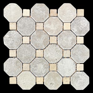 Pode incluir: Mosaico de azulejos quadrados com um padrão repetitivo de azulejos octogonais e quadrados. Os azulejos octogonais são cinza claro, enquanto os quadrados são bege. Disposição em grade, ideal para pisos ou paredes.