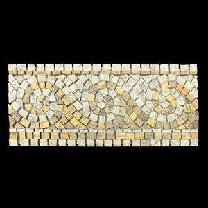 May include: A rectangular mosaic tile border with a repeating pattern of swirling designs in shades of beige and gold. The border is made of small, square tiles, creating a textured surface. The design is suitable for home decor.