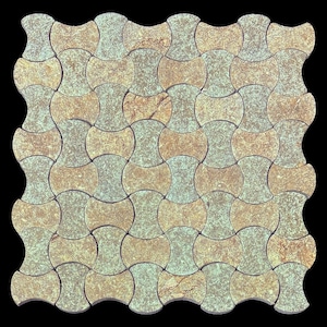 May include: A square tile mosaic with a repeating pattern of interlocking, hourglass-shaped pieces. The tiles have a mottled appearance with shades of tan, beige, and gray, creating a natural stone look. The edges of the mosaic have a wavy, irregular border.