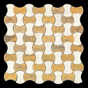 May include: A square mosaic tile pattern featuring a repeating design of interlocking shapes. The tiles alternate between a creamy white and a warm, golden-brown color, creating a visually appealing contrast. The overall effect is a textured, natural stone appearance.