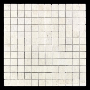 May include: A square mosaic tile sheet composed of numerous small, off-white square tiles. The tiles have a slightly textured appearance and are arranged in a grid pattern. The grout lines are a darker shade, creating a defined grid.