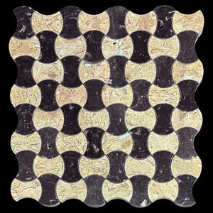 May include: A decorative tile mosaic with a repeating pattern of interlocking shapes. The design features alternating black and beige-colored pieces, creating a visually appealing contrast. The mosaic is likely made of stone or a similar material.