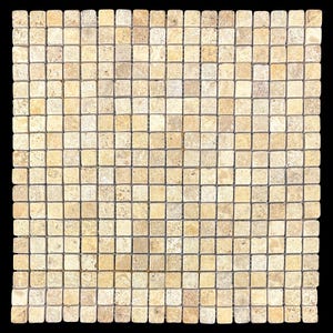 Könnte beinhalten: Eine quadratische Mosaikfliesenplatte, die aus zahlreichen kleinen, quadratischen Fliesen besteht. Die Fliesen weisen eine Mischung aus Beige- und Brauntönen auf, wodurch ein Naturstein-Aussehen entsteht. Die Fliesen sind gleichmäßig angeordnet.