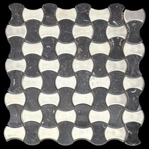 May include: A square mosaic tile pattern featuring a repeating design of black and white interlocking shapes. The black sections have a marbled appearance, while the white sections are smooth. The tile is likely for use in flooring or wall applications.