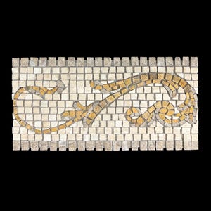 May include: A rectangular mosaic tile art piece with a decorative, swirling design in gold and beige. The mosaic is composed of small, square tiles in varying shades of beige and gold, with a darker border.