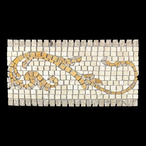 May include: A rectangular mosaic tile art piece with a repeating pattern of small, square, off-white and tan tiles. A golden-yellow, stylized floral design curves across the center. The mosaic has a textured, handcrafted appearance.