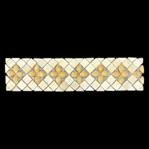 May include: Decorative mosaic tile border featuring a repeating pattern of cream-colored square tiles with diamond-shaped accents. The design includes golden-yellow flower-like shapes, creating a visually appealing and elegant border.