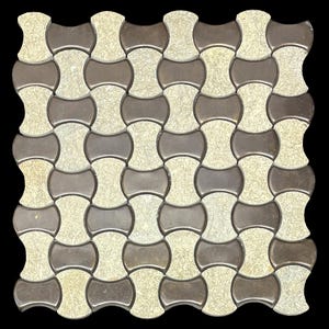 May include: A square paving stone pattern featuring a repeating design of interlocking shapes. The pattern alternates between light beige and dark brown, creating a visually appealing contrast. The stone has a textured surface.