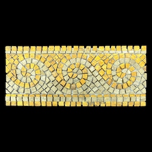 May include: A rectangular mosaic border with a repeating pattern of golden yellow and gray swirls. The mosaic is made of small, square tiles, creating a textured surface. The border is against a black background.