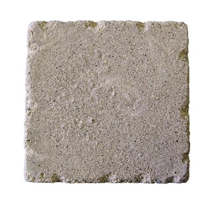 May include: A square, light gray concrete paver with a rough, textured surface. The edges are slightly uneven, giving it a rustic appearance. The paver is likely used for outdoor landscaping or construction projects.