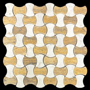 May include: A mosaic tile pattern featuring a repeating design of interlocking shapes in alternating colors. The tiles are a mix of off-white and golden-brown hues, creating a visually appealing and textured surface. The pattern is suitable for flooring or wall applications.
