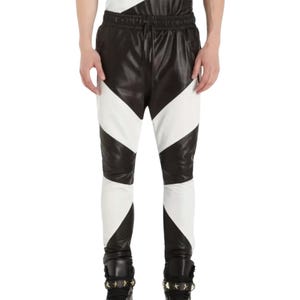 Men's Genuine Leather Pants - Handmade Black & White Leather Pants - Real Leather Slim Pants - Gift for Him